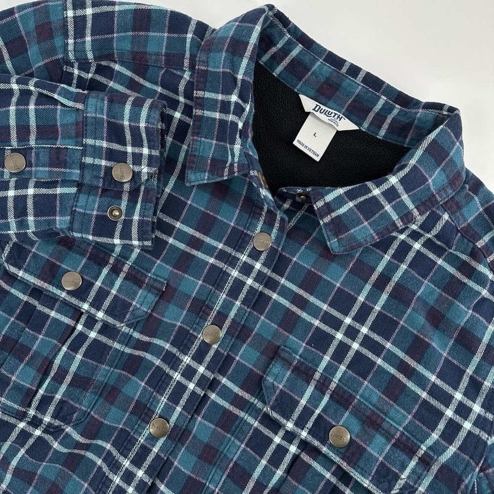 Duluth Trading Co Flannel Shirt Jac Women Large Blue Plaid Fleece Lined Snap Up